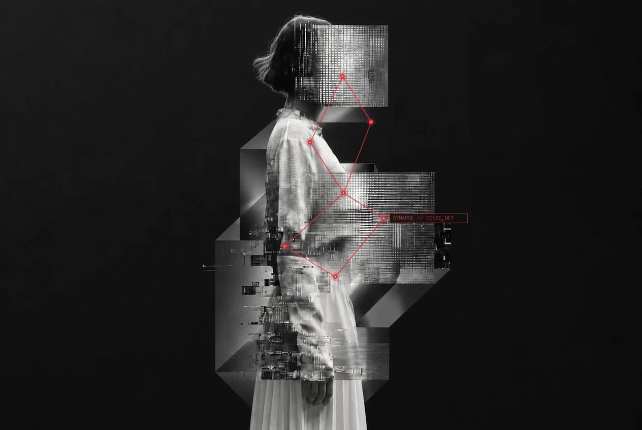 Composición conceptual de Inteligencia Artificial con figura humana y red sináptica con acento en rojo
